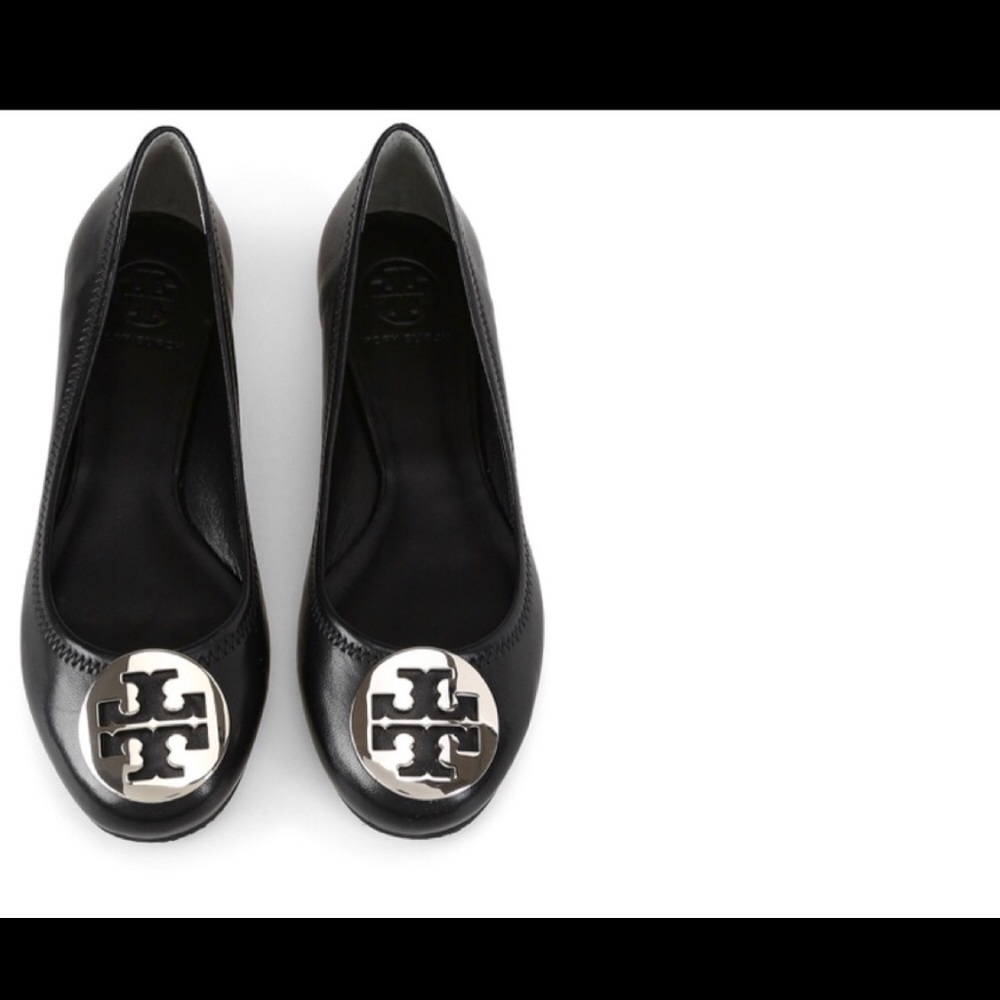 TORY BURCH REVA FLAT BLACK WITH SILVER SIZE 7.5